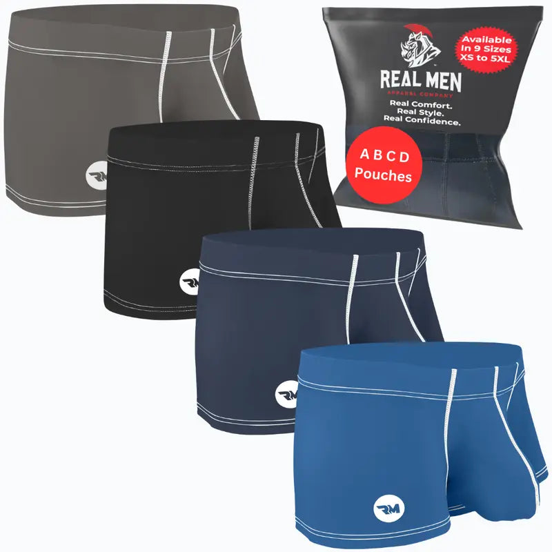 "Men's 4-Pack Nylon Boxer Briefs with B or C Pouch in Black/Dark Blue/Light Blue/Grey - Comfortable and Stylish Underwear for Men"