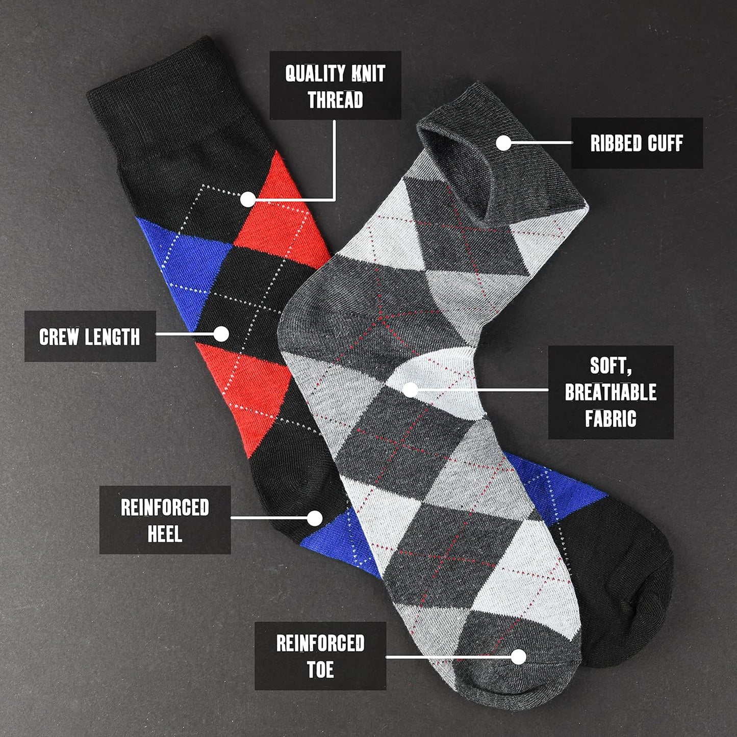 Mens Dress Socks with Gift Box - Cotton Colorful Classic Argyle Sock - Patterned Crew Socks for Men 6 Pairs