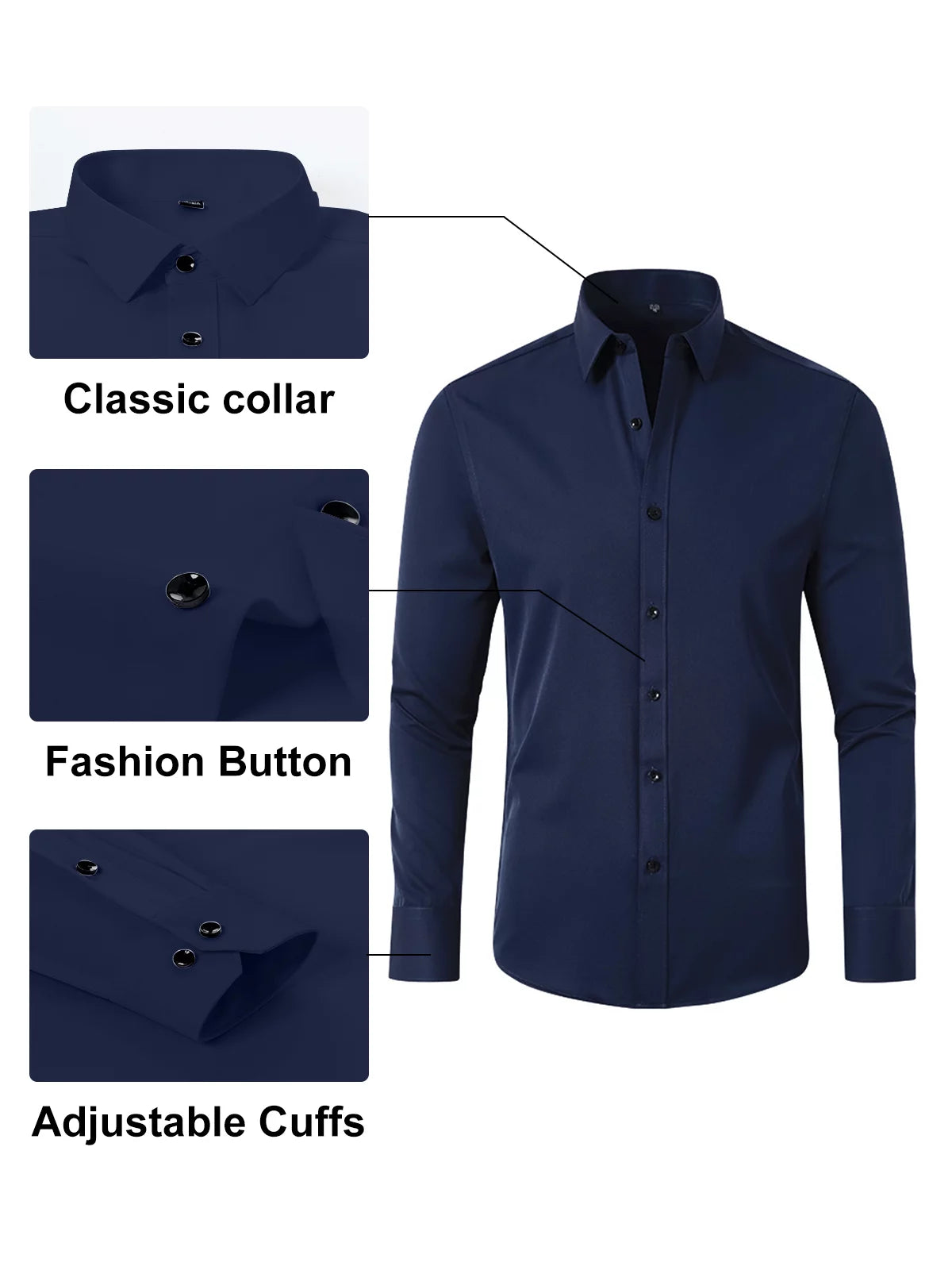 Mens Dress Shirts Slim Fit Solid Long Sleeve Stretch Mens Button down Shirts Wrinkle-Free No-Iron Formal Business Casual Button up Shirt, Navy, S