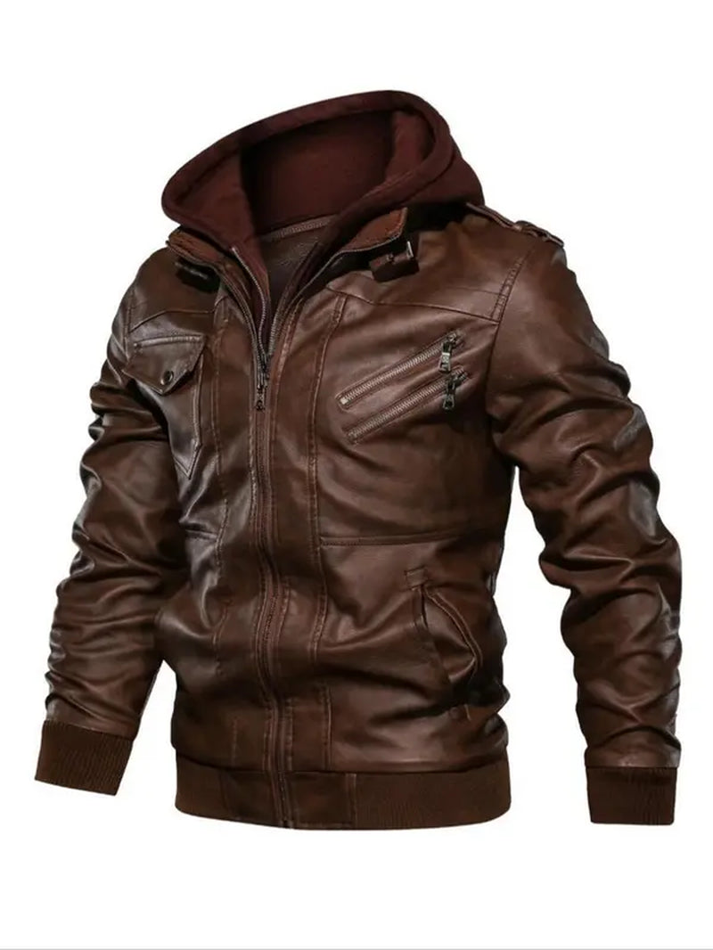 Stylish Men's Hooded Motorcycle Jacket with Flap Pocket