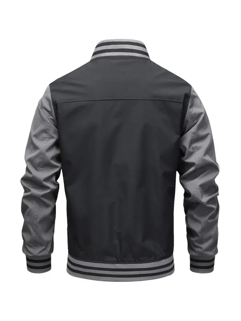 Men'S Striped Long Sleeve Zipper Jacket with Pocket Design, Plain Mock Neck Zip up Bomber Jacket for Spring & Fall