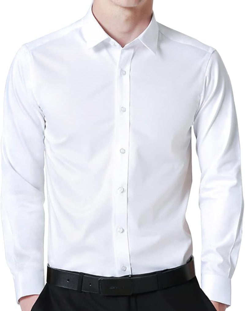 Men'S White Long Sleeve Dress Shirts Slim Fit Solid Button down Shirt Wrinkle-Free Business Shirt for Men