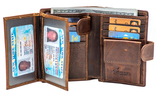 Mens RFID Leather Trifold Wallet Large Card Holder Purse