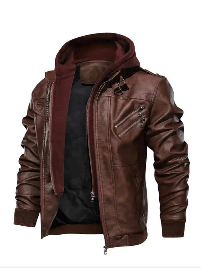 Stylish Men's Hooded Motorcycle Jacket with Flap Pocket