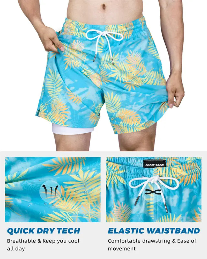 "Quick Dry 2-in-1 Mens Swim Trunks with Compression Liner - Perfect for Surfing, Running, and Fishing!"