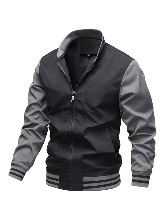 Men'S Striped Long Sleeve Zipper Jacket with Pocket Design, Plain Mock Neck Zip up Bomber Jacket for Spring & Fall