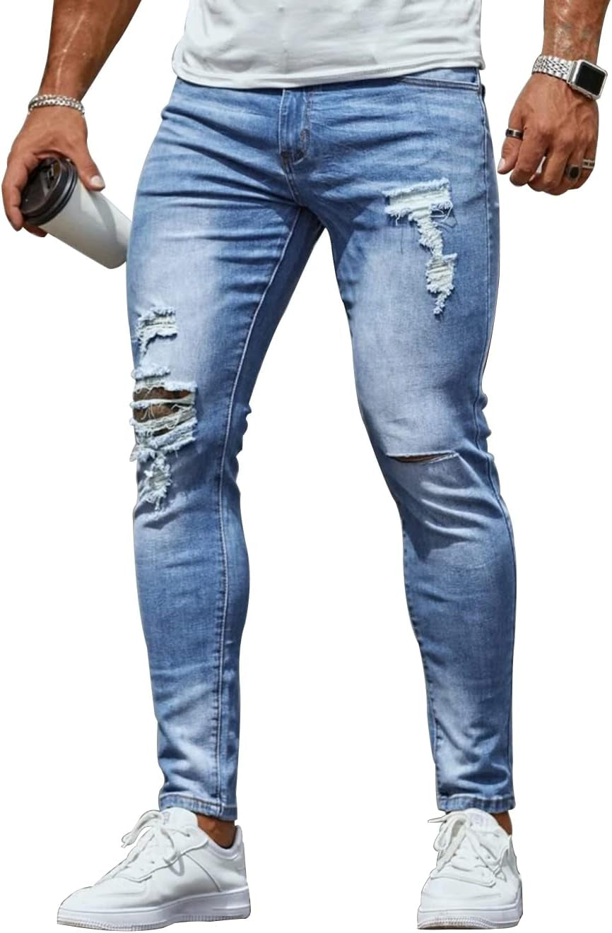 Men'S Ripped Skinny Jeans Stretchy Slim Fit Jeans Pants